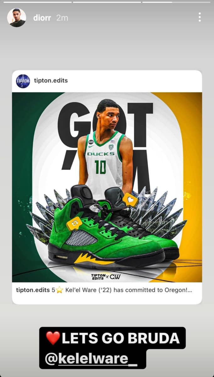 Dior Johnson celebrates Kel'el Ware's commitment to Oregon on Instagram.
